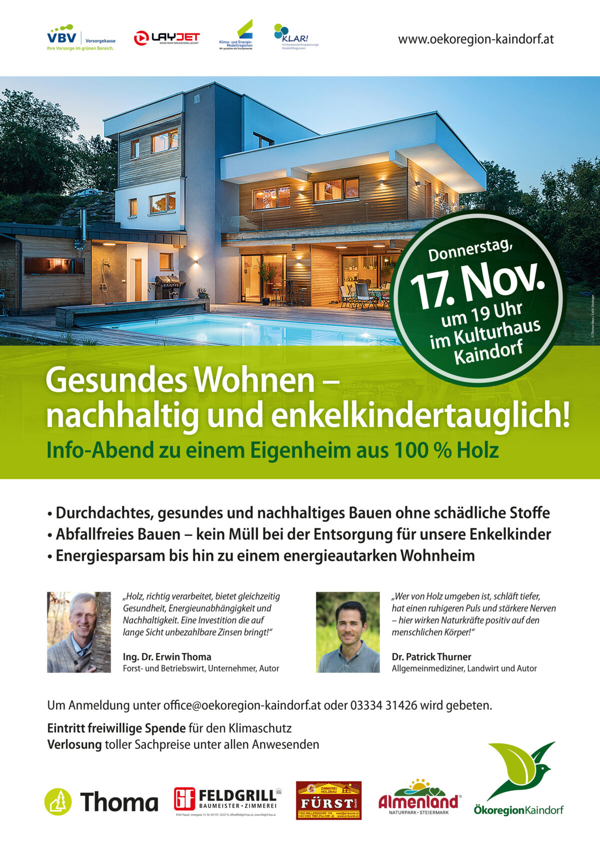 Vortrag Kulturhaus Kaindorf Plakat - Info-Abend zu einem Eigenheim aus 100 % Holz - Thoma Holz100