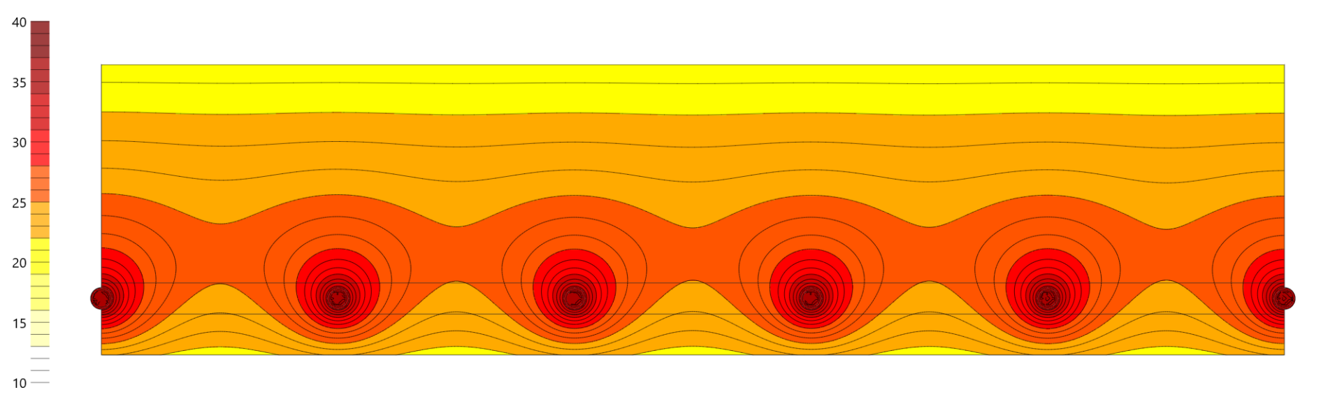 Darstellung der Temperaturverteilung in der Thoma Massivholzdecke Holz100 aktiv, Simulation in HTFlux - Thoma Holz100