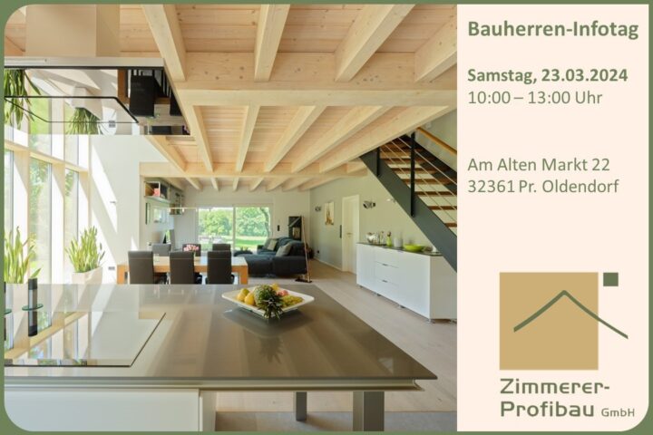 Ankündigung eines Bauherren-Infotags zum Bauen mit Holz100. Auf der rechten Seite des Bildes wird die Innenansicht eines Wohnhauses dargestellt, die Deckenelemente sind aus Holz100 Elementen gebaut. - Bauherren-Infotag - Thoma Holz100
