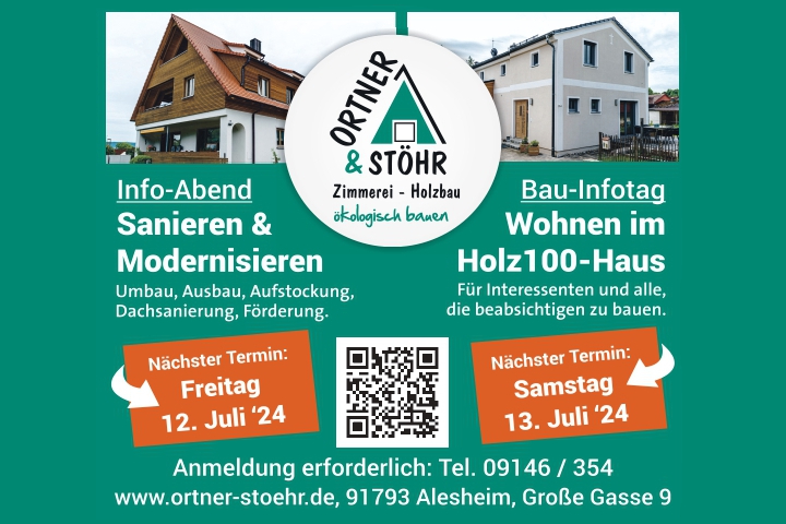 Eventankündigung des Thoma Partners Ortner & Stöhr. Neben dem Logo des Partners und den Terminen sind auch zwei Referenzobjekte von Holz100 Häusern abgebildet. - Ortner und Stöhr Infotage - Thoma Holz100