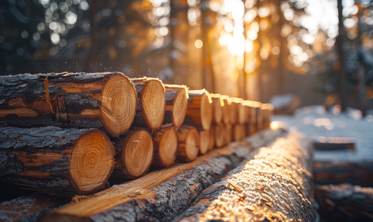 Das Bid zeigt geschlagene Bäume aufgereiht im Wald im Winter. - Was macht Mondholz so besonders? - Thoma Holz100