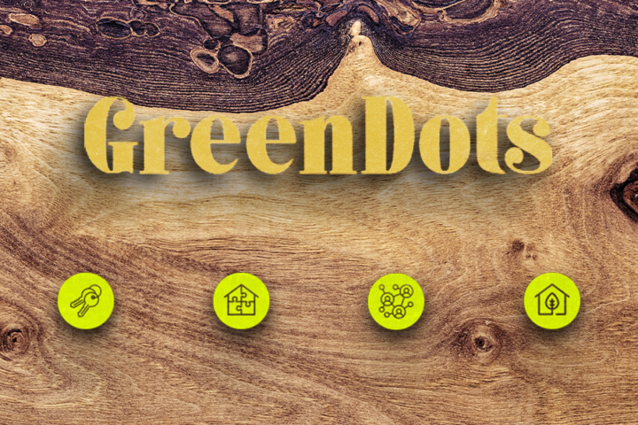 Übersicht der vier GreenDot Symbole auf einem Holzhintergrund und in den Farben von Thoma. - Green Dot Partner - Thoma Holz100