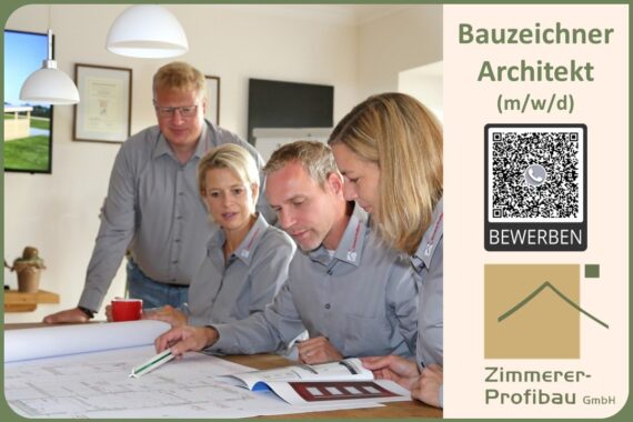 Das Bild zeigt Mitarbeitende der Zimmerei Profibau bei der Planungsarbeit. Das Bild ist Teil einer Stellenanzeige für Bauzeichner & Architekten (m/w/d) des Unternehmens. - Interesse an einem Job bei uns ? - Thoma Holz100